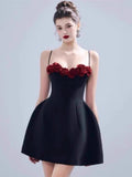 Niulatu A Line Spaghetti Straps Black Satin Mini Formal Homecoming Dress Short Cocktail Outfits Graduation Dress Hoco Dress HZ1214