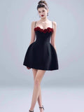 Niulatu A Line Spaghetti Straps Black Satin Mini Formal Homecoming Dress Short Cocktail Outfits Graduation Dress Hoco Dress HZ1214