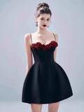 Niulatu A Line Spaghetti Straps Black Satin Mini Formal Homecoming Dress Short Cocktail Outfits Graduation Dress Hoco Dress HZ1214
