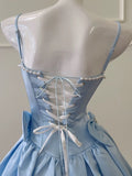 Niulatu Ball Gown Spaghetti Straps Blue Satin Formal Short Mini Homecoming Dress Middle School 20th Birthday Outfits Graduation Dress Cocktail Dresses HZ1214