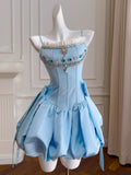 Niulatu Ball Gown Spaghetti Straps Blue Satin Formal Short Mini Homecoming Dress Middle School 20th Birthday Outfits Graduation Dress Cocktail Dresses HZ1214