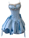 Niulatu Ball Gown Spaghetti Straps Blue Satin Formal Short Mini Homecoming Dress Middle School 20th Birthday Outfits Graduation Dress Cocktail Dresses HZ1214
