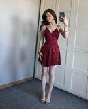 Pretty A line Spaghetti Straps Burgundy Lace Mini Short Formal 8th Grade Homecoming Dresses Summer Middle School Hoco Dress Homecoming Outfits HZ1214