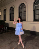 Niulatu A Line Strapless Blue Short Formal Homecoming Dress Middle School Short 18th Birthday Outfits Graduation Dress Cocktail Dresses HZ1214
