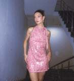 Niulatu Sheath High Neck Pink Sequin Short Formal Homecoming Dress Middle School Short 18th Birthday Outfits Graduation Dress Cocktail Dresses HZ1214