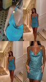 Niulatu Sheath Halter Blue Sequin Short Formal Homecoming Dress Middle School Short 20th Birthday Outfits Graduation Dress Cocktail Dresses HZ1214