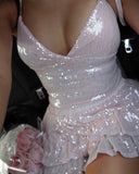 Niulatu Sheath Halter Light Pink Sequin Short Formal Homecoming Dress Middle School Short 20th Birthday Outfits Graduation Dress Cocktail Dresses HZ1214