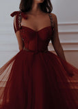 Elegant A Line Spaghetti Straps Burgundy Tulle Sleeveless Long Evening Party Gowns Evening Formal Dresses Prom Dress HZ1214