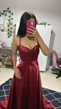 Elegant A Line Spaghetti Straps Burgundy Satin Sleeveless Long Evening Party Gowns Slit Evening Dress Special Formal Dresses Prom Dress HZ1121