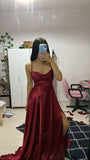 Elegant A Line Spaghetti Straps Burgundy Satin Sleeveless Long Evening Party Gowns Slit Evening Dress Special Formal Dresses Prom Dress HZ1121