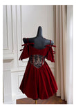 Niulatu Ball Gown Burgundy Velvet Short Mini Feathers Formal Homecoming Dress Short Cocktail Outfits Graduation Dress Mini Hoco Dress HZ1214