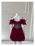 Niulatu Ball Gown Burgundy Velvet Short Mini Feathers Formal Homecoming Dress Short Cocktail Outfits Graduation Dress Mini Hoco Dress HZ1214