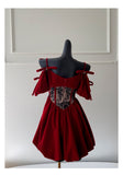 Niulatu Ball Gown Burgundy Velvet Short Mini Feathers Formal Homecoming Dress Short Cocktail Outfits Graduation Dress Mini Hoco Dress HZ1214