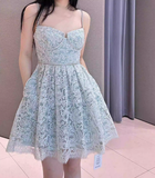 Niulatu A Line Spaghetti Straps Gray Lace Short Formal Homecoming Dresses Middle School Short 21st Birthday Outfits Graduation Dress Mini Cocktail Dresses HZ1214