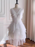 Niulatu A line V Neck Lace White Short Formal Homecoming Dresses Middle School Short 21st Birthday Outfits Graduation Dress Mini Cocktail Dresses HZ1214
