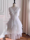 Niulatu A line V Neck Lace White Short Formal Homecoming Dresses Middle School Short 21st Birthday Outfits Graduation Dress Mini Cocktail Dresses HZ1214