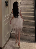 Niulatu A line V Neck Lace White Short Formal Homecoming Dresses Middle School Short 21st Birthday Outfits Graduation Dress Mini Cocktail Dresses HZ1214