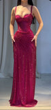 Elegant Mermaid Spaghetti Straps Sequin Hot Pink Long Prom Dresses Party Dress 18th Birthday Outfits Graduation Dresses HZ1121