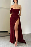 Sparkly Mermaid Off The Shoulder Burgundy Sequin Long Slit Evening Party Gowns Evening Dress Special Formal Dresses Prom Dress HZ1121
