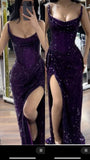 Sparkly Mermaid Strapless Grape Sequin Long Slit Evening Party Gowns Evening Dress Special Formal Dresses Prom Dress HZ1121