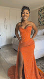 Sparkly Mermaid Sweetheart Orange Sequin Long Black Girl Evening Party Gowns Evening Dress Special Formal Dresses Prom Dress HZ1121