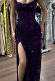 Sparkly Mermaid Strapless Grape Sequin Long Slit Evening Party Gowns Evening Dress Special Formal Dresses Prom Dress HZ1121