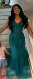 Modest Mermaid Spaghetti Straps Green Tulle Lace Long Black Girl Green Evening Party Gowns Evening Dress Special Formal Dresses Prom Dresses HZ1121