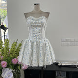 Modest A line Sweetheart Floral Blue Short Formal Homecoming Dress Middle School Short 18th Birthday Outfits Graduation Dress Cocktail Dresses HZ1121