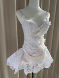Pretty A line Spaghetti Straps White Lace Formal Homecoming Dresses Short 16th Birthday Outfits Graduation Dress Mini Cocktail Dresses HZ1121