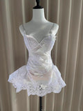 Pretty A line Spaghetti Straps White Lace Formal Homecoming Dresses Short 16th Birthday Outfits Graduation Dress Mini Cocktail Dresses HZ1121