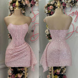Pretty Sheath Strapless Pink Sequin Short Formal 8th Grade Homecoming Dresses Summer Middle School Hoco Dress Homecoming Outfits HZ1214