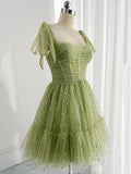 Trendy A line Straps Sage Green Tulle Mini Short Formal 8th Grade Homecoming Dresses Summer Middle School Hoco Dress Homecoming Outfits HZ1214