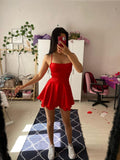 Cute A line Spaghetti Straps Red Satin Mini Short Formal 8th Grade Homecoming Dresses Summer Middle School Hoco Dress Homecoming Outfits HZ1214