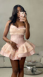 Cute Ball Gown Sweetheart Pink Satin Lace Short Formal 8th Grade Homecoming Dresses Middle School Cocktail Dress Hoco Outfits HZ1121