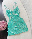 Trendy A line Spaghetti Straps Blue Sequin Mini Short Formal 8th Grade Homecoming Dresses Summer Middle School Hoco Dress Homecoming Outfits HZ1214