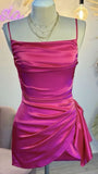 Cute Sheath Spaghetti Straps Hot Pink Satin Mini Short Formal 8th Grade Homecoming Dresses Summer Middle School Hoco Dress Homecoming Outfits HZ1214