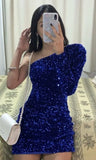 Trendy Sheath One Shoulder Royal Blue Sequin Mini Short Formal 8th Grade Homecoming Dresses Summer Middle School Hoco Dress Homecoming Outfits HZ1214