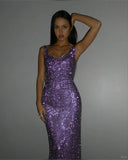 Elegant Mermaid V Neck Grape Sequin Long Prom Dresses Party Dress Summer 20th Birthday Outfits 18th Birthday Dresses HZ1214
