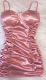 Trendy Sheath Spaghetti Straps Pink Satin Mini Short Formal 8th Grade Homecoming Dresses Summer Middle School Hoco Dress Homecoming Outfits HZ1214