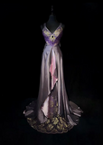 Vintage A Line V Neck Grape Sleeveless Satin Long Prom Dresses Party Dress 18th Birthday Outfits Graduation Dresses HZ1121