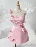Trendy A Line Spaghetti Straps Blush Pink Satin Mini Short Formal 8th Grade Homecoming Dresses Summer Middle School Hoco Dress Homecoming Outfits HZ1214