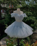 Pretty Ball Gown Off The Shoulder Light Sky Blue Short Formal 8th Grade Homecoming Dresses Summer Middle School Hoco Dress Homecoming Outfits HZ1214