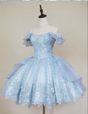 Pretty Ball Gown Off The Shoulder Light Sky Blue Lace Short Formal 8th Grade Homecoming Dresses Summer Middle School Hoco Dress Homecoming Outfits HZ1214