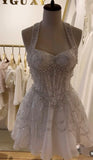 Fancy Short Hoco Dresses A line Halter Sequin Mini Formal 8th Grade Homecoming Dresses Summer Middle School White Homecoming Outfits HZ1214