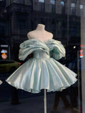 Cute Ball Gown Off The Shoulder Light Sky Blue Satin Short Formal 8th Grade Homecoming Dresses Summer Middle School Hoco Dress Homecoming Outfits HZ1214