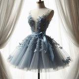 Cute Ball Gown Dusty Blue Tulle 8th Grade Dance Dresses Middle School Grad Outfits Homecoming Dresses Short Mini Hoco Dress HZ1214