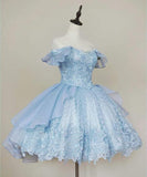 Pretty Ball Gown Off The Shoulder Light Sky Blue Lace Short Formal 8th Grade Homecoming Dresses Summer Middle School Hoco Dress 6th Grade Graduation Outfits HZ1214