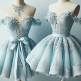 Cute Ball Gown Off The Shoulder Light Sky Blue Tulle Short Formal 8th Grade Homecoming Dresses Summer Middle School Hoco Dress Homecoming Outfits HZ1214