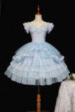 Cute Ball Gown Light Blue Tulle 8th Grade Dance Dresses Middle School Grad Outfits Homecoming Dresses Short Mini Hoco Dress HZ1214