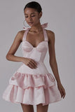 Pretty Ball Gown Halter Satin Light Pink Short Formal 8th Grade Homecoming Dresses Summer Middle School Hoco Dress 6th Grade Graduation Outfits HZ1214